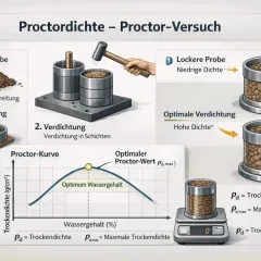 Der Proctor-Versuch zeigt, wie sich die Verdichtung von proctor boden mit dem Wassergehalt ändert. Eine lockere Probe hat niedrige Dichte, optimale Verdichtung hohe Dichte.
