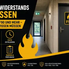 Eine Tür mit dem Aufdruck "F90" in einem Flur. Die Grafik erklärt die Feuerwiderstandsklassen Tabelle für Sicherheit im Brandfall.