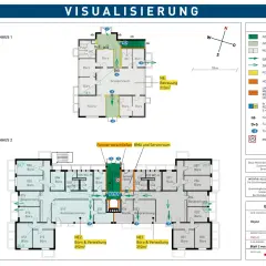 Grundriss mit Legende für brandschutz nachweis. Zeigt Fluchtwege, Wände und Türen in Haus 1 und 2.
