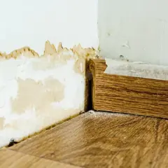 Feuchte Wand mit abblätternder Farbe und Holzleiste. Maßnahmen zur kapillarwirkung verhindern sind hier nötig.
