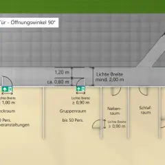 Grundriss mit Türen und Räumen. Die breiten Türen und Gänge sind für nicht brennbare Baustoffe ausgelegt.