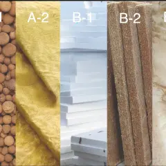 Vergleich von Materialien: A-1 (Kugeln), A-2 (gelbes Gewebe), B-1 (weiße Platten), B-2 (braune Stäbe), B-3 (Marmor). Verschiedene brandverhalten klassen.