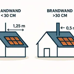 Zwei Häuser mit Solarmodulen. Links: Brandwand < 30 cm, Abstand 1,25 m. Rechts: Brandwand > 30 cm, Abstand 0,5 m. Die harte Bedachung ist hierbei wichtig.