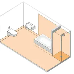 Badezimmer-Grundriss mit Toilette, Waschbecken, Badewanne und Duschkabine. Die Nassbereiche sind gemäß DIN 18534 gestaltet.