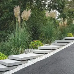 Moderne Treppe aus trockenbeton-Platten, umgeben von Ziergräsern und Kies.