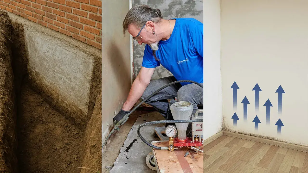 Schutz vor Wasser im Keller: Baugrube, Injektionsverfahren gegen Feuchtigkeit und Schimmelbildung an der Wand.