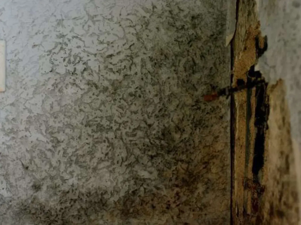 Strukturierte Wand mit dunklen Flecken, die darauf hindeuten, dass man eine feuchte Wand erkennen kann. Beschädigte Tapete an der rechten Seite.