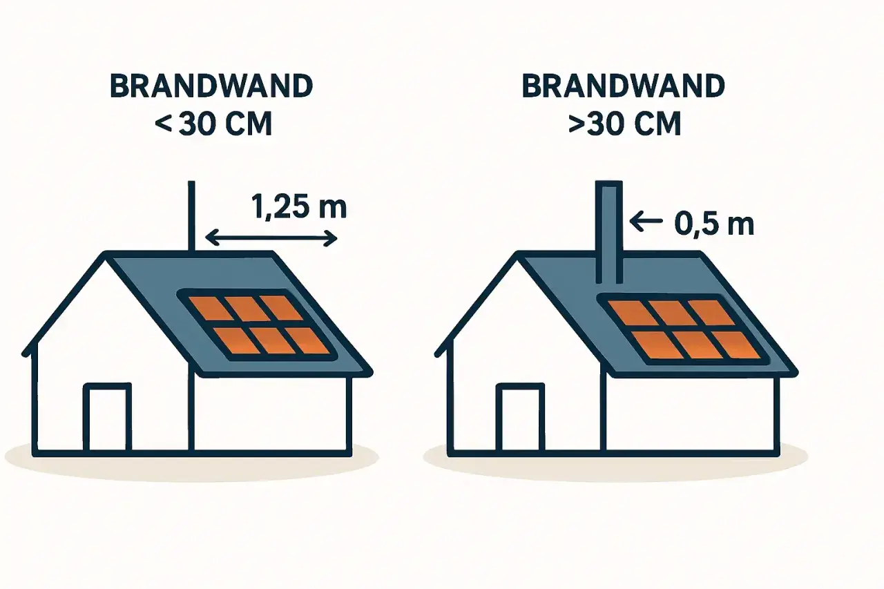 Zwei Häuser mit Solarmodulen. Links: Brandwand < 30 cm, Abstand 1,25 m. Rechts: Brandwand > 30 cm, Abstand 0,5 m. Die harte Bedachung ist hierbei wichtig.