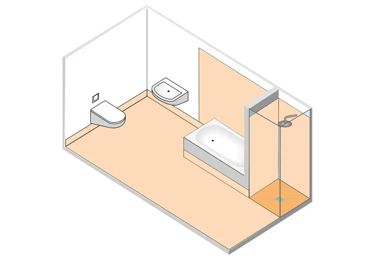 Badezimmer-Grundriss mit Toilette, Waschbecken, Badewanne und Duschkabine. Die Nassbereiche sind gemäß DIN 18534 gestaltet.
