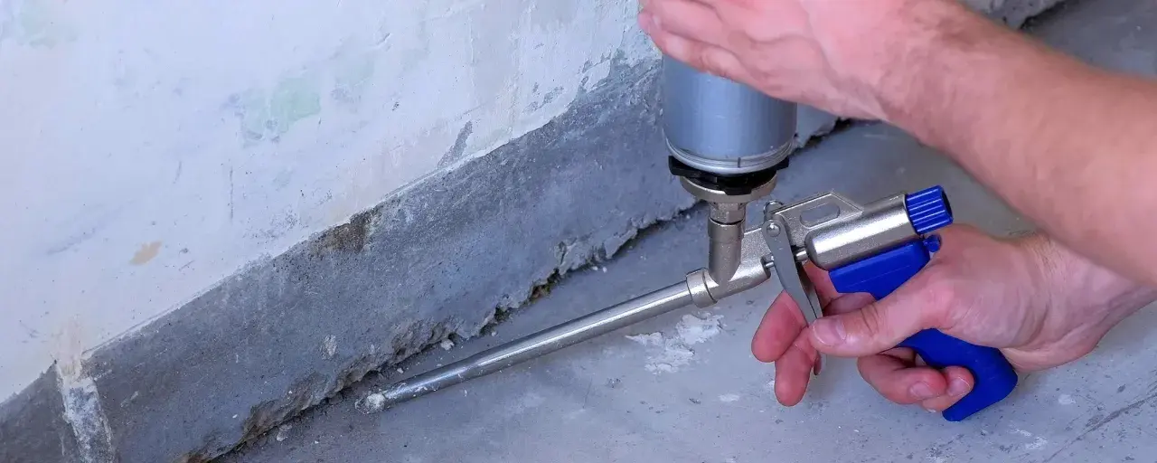 Schaumstoff wird mit einer Pistole in eine Fuge gesprüht. So schließt man Lücken, was ist eine Hohlkehle?