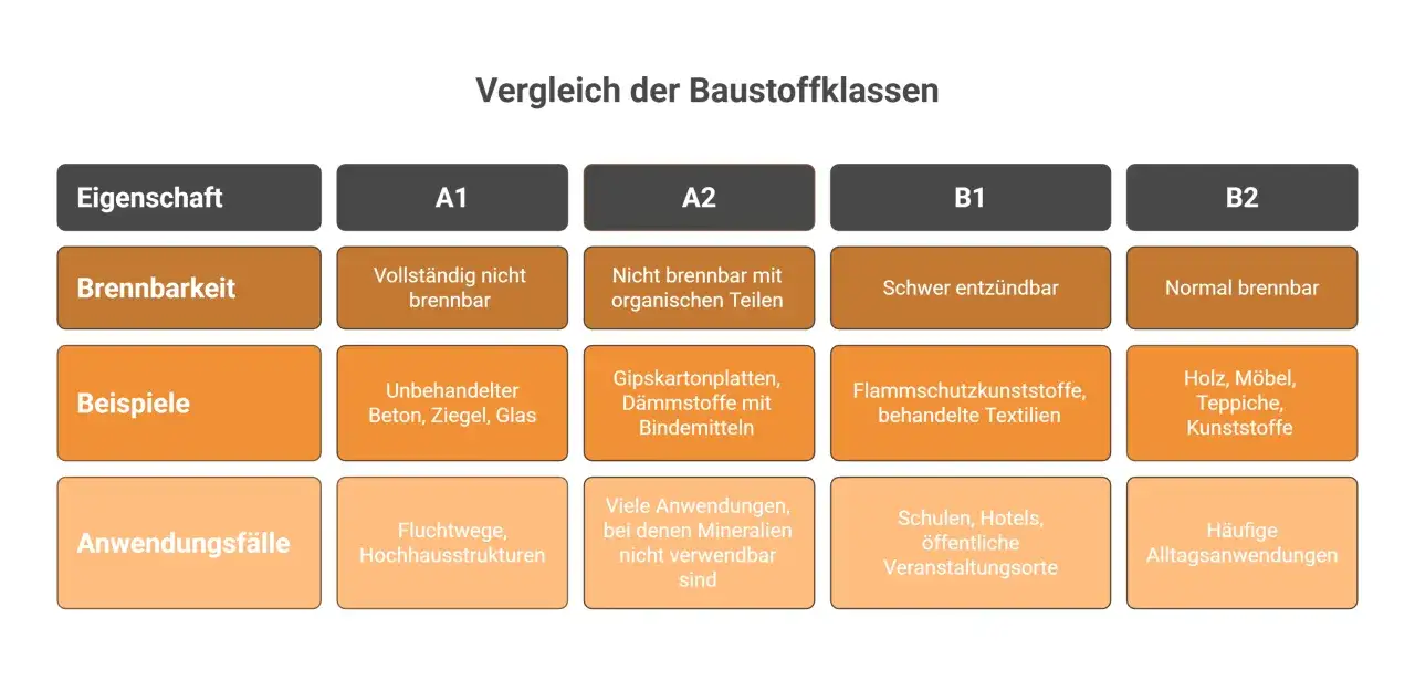 Vergleich der Baustoffklassen A1, A2, B1, B2: Brennbarkeit, Beispiele & Anwendungsfälle. A2-s1 d0.