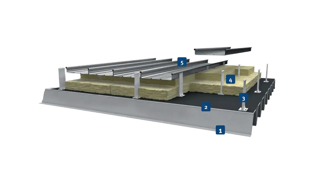 Detailansicht einer harten Bedachung mit Isolierung (4) und Trapezblech (5) auf Stahlträgern (1, 2).