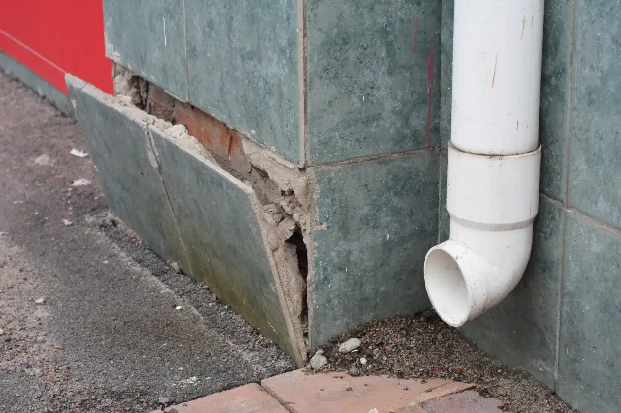 Beschädigte Fassadenfliesen zeigen aufsteigende Feuchtigkeit im Sockelbereich. Ein Fallrohr leitet Wasser ab.