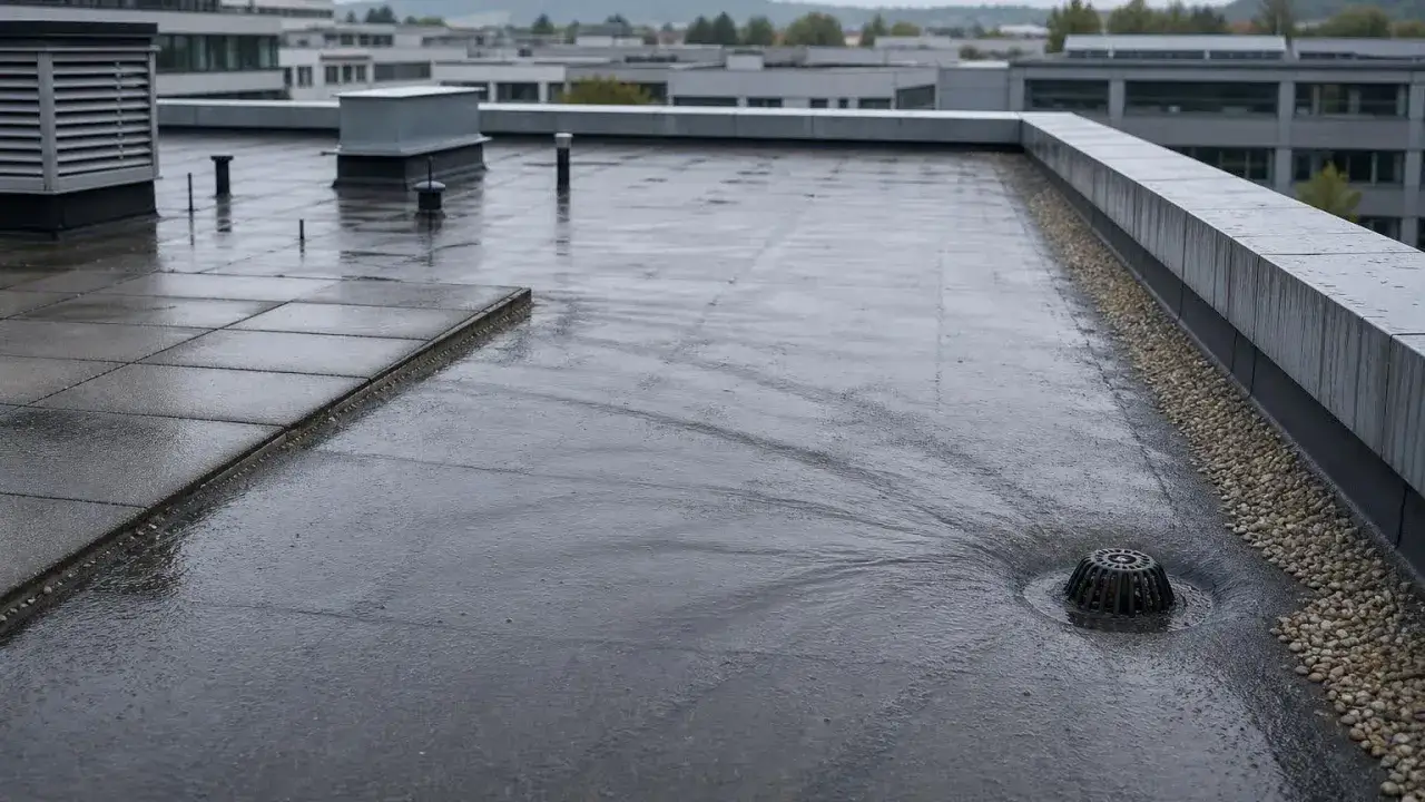 Nasses Flachdach mit aufsteigender Feuchtigkeit, die Blasenbildung verursacht. Regenwasser sammelt sich und fließt zum Gully.