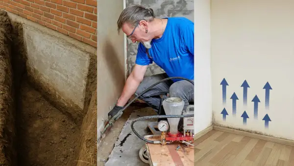 Schutz vor Wasser im Keller: Baugrube, Injektionsverfahren gegen Feuchtigkeit und Schimmelbildung an der Wand.