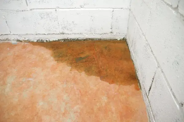 Feuchter Boden in einer Ecke mit weißen Betonwänden. Wasserflecken und Feuchtigkeit sind sichtbar.
